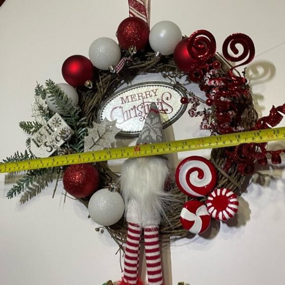 Christmas Grapevine Wreath Peppermint Gnome Let It Snow Handcrafted - Picture 9 of 11